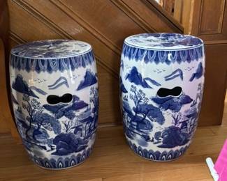 Pair of Blue and White Ceramic Garden Stools