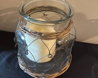 Glass Jar Candle Holder with Woven Wire and Twig Accents