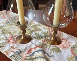 Pair of Brass and Glass Hurricane Candle Holders