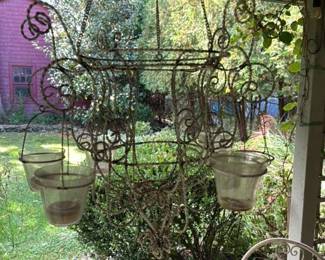 Antique Wrought Iron Hanging Planter with Glass Inserts