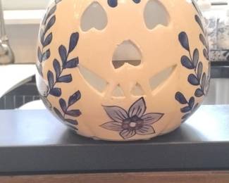 Ceramic Jack-o-Lantern with Blue Floral Accents