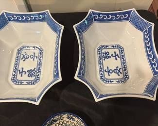Blue and White Porcelain Octagonal Serving Bowls with Chinese Characters