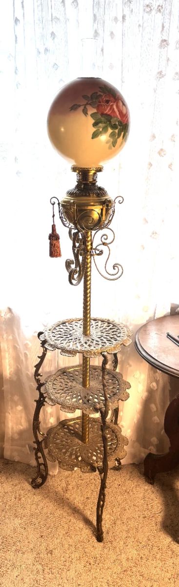 Antique Style Brass Floor Lamp with Floral Painted Globe Shade