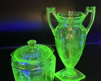 Green Uranium Glass Jar and Vase Set