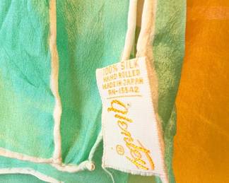 Closeup of vintage silk scarves, Evan-Picone silk scarf, a silk scarf from Japan