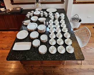 Another view of the incredible set of Lenox Federal Platinum Nouveau fine bone china from their Classics Collection – dinner plates, salad plates, dessert plates, bread plates, serving platters and serving bowls, sauce boat, coffee pot, cups and saucers, salt and pepper shakers – simply elegant fine china that's dishwasher safe!