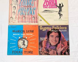 Vinyl record albums LPs Marion Lush / Lush’s Luscious Polkas, Marion Lush and the Musical Stars Present Polka Time, Zorba The Greek Soundtrack, Mathias Jonas / Gypsy Folklore

