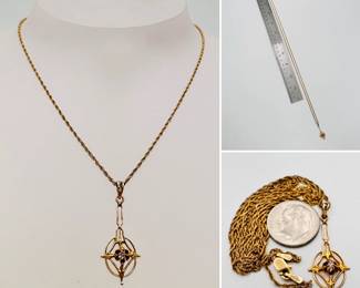 14k yellow gold antique Art Nouveau lavaliere diamond pendant necklace 