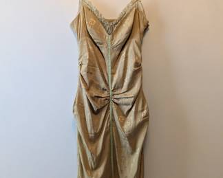 Vintage Nicole Miller Collection gold silk cocktail dress with spaghetti straps, size 6