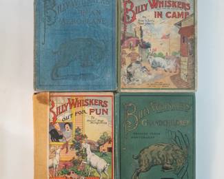 Vintage children's books in hardcover: Willy Whiskers In An Aeroplane, Billy Whiskers in Camp, Billy Whiskers Out for Fun, Bill Whiskers' Grandchildren by Frances Trego Montgomery