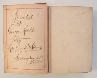 Inside pages of antique 19th century hardcover book The Poetical Works of Owen Meredith (Robert, Lord Lytton), inscription on fly leaf dated 1884; publishers Thomas Y. Crowell & Co., New York