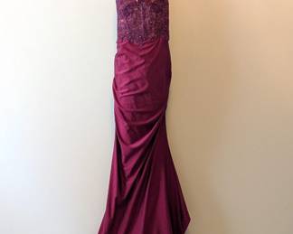 La Femme jewel tone jersey formal gown with sheer lace bodice, size 8