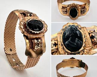 Antique Victorian era possibly gold-filled belt buckle form bracelet with central carved black cameo