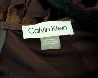Closeup of Calvin Klein burnout velvet faux-wrap dress, coffee bean color, size 4