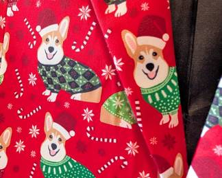 Closeup of Suslo Couture Christmas Corgi dog sport coat blazer, slim fit, size S/38
