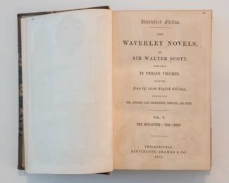 Inside pages of antique 1852 hardcover of The Waverly Novels by Sir Walter Scott, Volume V The Monastery—The Abbot; Abbotsford Edition, published by Lippincott, Grambo & Co. Philadelphia 1852   