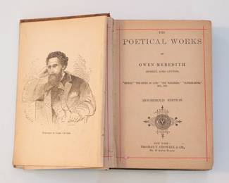 Inside pages of antique 19th century hardcover book The Poetical Works of Owen Meredith (Robert, Lord Lytton), inscription on fly leaf dated 1884; publishers Thomas Y. Crowell & Co., New York