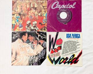 Vinyl 45 singles Band Aid / Do They Know It’s Christmas,  Thomas Dolby / She Blinded Me With Science, David Bowie Mick Jagger Dancing In The Street

USA For Africa – We Are The World
