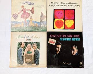 Vinyl LP albums The Sound of Music soundtrack, Peter Paul and Mary Moving, The Ray Charles Singers Songs for Lonesome Lovers, The Righteous Brothers You've Lost That Lovin' Feeling