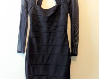 Vintage 90s Moda International black mini dress, bandage bodycon with mesh sleeves 