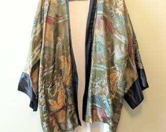 Vintage Japanese haori kimono jacket, woven tigers and birds in landscape design, size 36