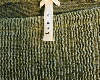 Closeup of Anthropologie Lapis green gold blue floral dress