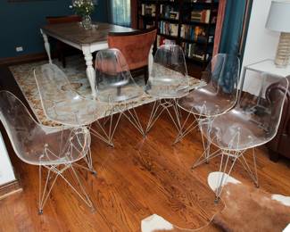 Closer view of the set of six mid-century inspired transparent acrylic and chrome  chairs