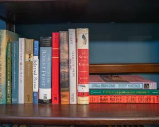 Vintage books including The Song of the Dodo by David Quammen, East of the Mountains by David Guterson, Collected Poems of T. S. Elliot, The Poetry of Robert Frost, Sea Glass by Anita Shreve, Eat, Pray, Love by Elizabeth Gilbert, Traveling Mercies by Anne Lamott, Thirteen Moons by Charles Frazier, Dark Matter by Blake Crouch, The Best of James Whitcomb Riley