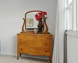A birds eye maple bedroom dresser with mirror