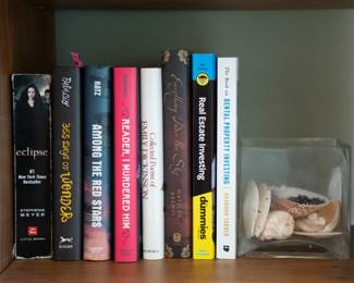 Eclipse by Stephenie Meyer, Real Estate Investing for Dummies, Collected Poems of Emily Dickinson, Everything Under the Sky by Matilde Asensi; Reader, I Murdered Him by Betsy Cornwell