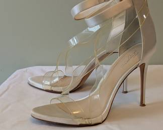 Imagine Vince Camuto white satin and clear high heel stiletto heel sandals