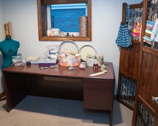 Sewing room supplies - boxes of threads and notions, tools, dressmaker's form, nice desk perfect for a sewing table