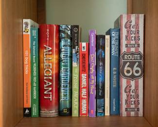 Books including The Trumpet of the Swan by E. B. White, The Outward Bound Wilderness First-Aid Handbook by Isaac & Goth, 101 Dog Tricks by Kyra Sundance and Chalcy, Get Your Kicks Route 66
