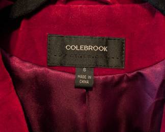 Closeup of Colebrook cherry red velveteen three-button blazer 