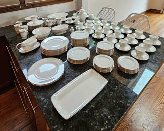 An incredible set of Lenox Federal Platinum Nouveau fine bone china from their Classics Collection – dinner plates, salad plates, dessert plates, bread plates, serving platters and serving bowls, sauce boat, coffee pot, cups and saucers, salt and pepper shakers – simply elegant fine china that's dishwasher safe!