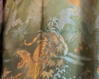 Closeup of vintage Japanese haori kimono jacket, woven tigers and birds in landscape design, size 36
