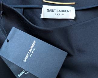 Closeup of Saint Laurent Paris black one-shoulder top, new with tags / NWT