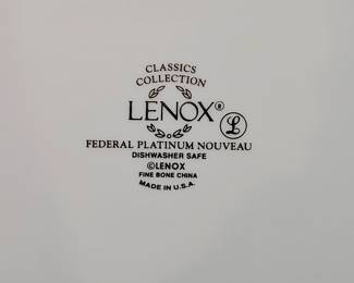 Closeup of the incredible set of Lenox Federal Platinum Nouveau fine bone china from their Classics Collection – dinner plates, salad plates, dessert plates, bread plates, serving platters and serving bowls, sauce boat, coffee pot, cups and saucers, salt and pepper shakers – simply elegant fine china that's dishwasher safe!