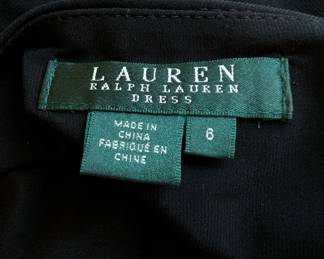 Closeup of Ralph Lauren black sleeveless ruffle surplice v-neck evening dress size 6