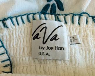 Closeup of VaVa by Joy Han embroidered teal and white maxi dress size S