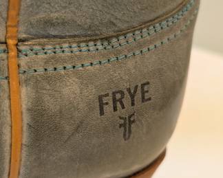 Closeup of the pair of Frye "Daisy Duke" cowboy boots, blue leather with studded snakeskin accents, size 10M