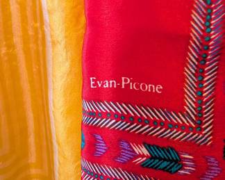 Closeup of vintage silk scarves, Evan-Picone silk scarf, a silk scarf from Japan