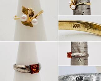 A 8kt yellow gold and pearl ring, and a sterling silver and amber ring