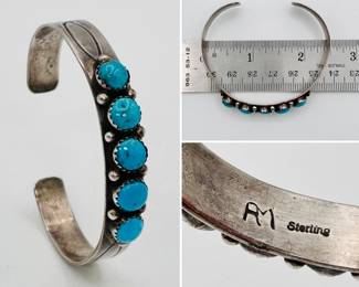 Vintage Native American southwestern artist signed sterling silver and turquoise cuff bracelet