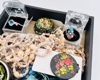 Natural shell necklaces, glass bead necklaces, sterling silver and topaz ring