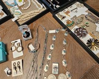 Native American sterling silver and turquoise necklaces, earrings and bracelets; lots of costume jewelry and fine jewelry at this estate sale