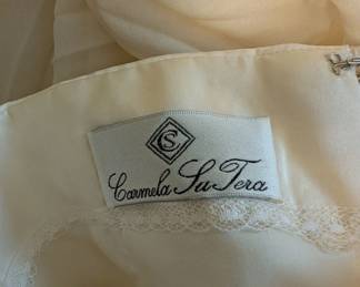 Closeup of the Carmela Lu Tera strapless white dress, fitted bodice with pleated chiffon skirt