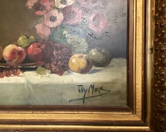 #16 - $200 - 19th century still life of fruits on table w/peonies, painting on canvas.