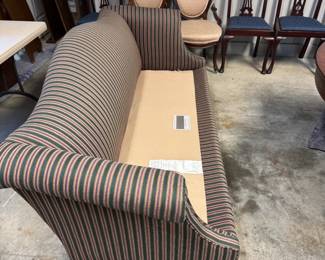 #105 - $300 - Clayton Marcus Neoclassical Sofa, striped fabric. (There are cushions)
