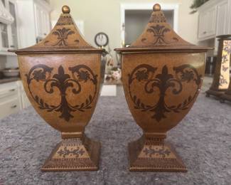 #112 - $64 for pair -  Pair of metal tan/gold decorative urns with lids, 12"T & Candlesticks.